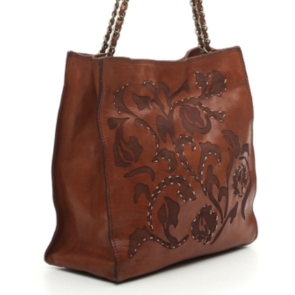 CAMPOMAGGI Small 'Aurora' shopping bag in cognac leather and floral raster New - Picture 2 of 11